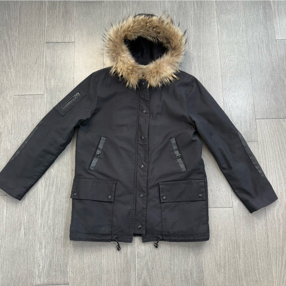 Sandro Fur Trimmed Parka Jacket Black Sherpa Lined Hooded Coat Women’s Size 2 M - Picture 13 of 16